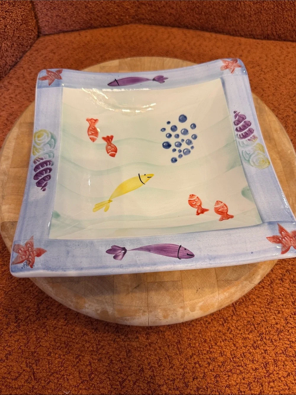 Italian Hand-Painted Ceramic Fish Serving Bowl - Blue, Yellow & Red